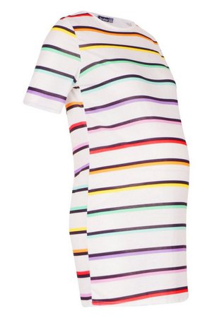Maternity Rainbow Stripe T-Shirt Dress | Boohoo