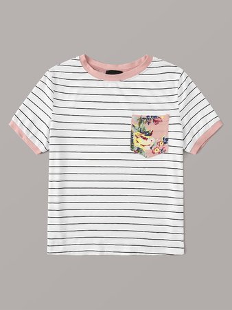 Floral Pocket Patched Striped Ringer Tee | SHEIN