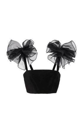 black crop top with tulle shoulder bows
