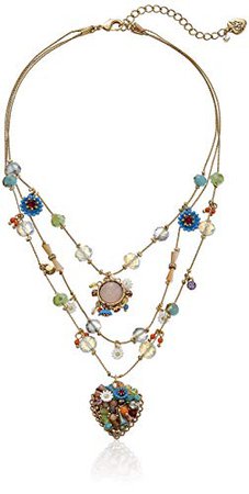 Betsey Johnson "Weave and Sew Woven Mixed Multi-Colored Bead Flower Heart Illusion Necklace: Jewelry