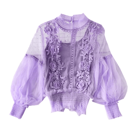 purple embroidered mesh sleeve blouse