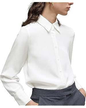 Women's Button Down Shirt Classic Long Sleeve Collared Tops Work Office Chiffon Blouse White at Amazon Women’s Clothing store