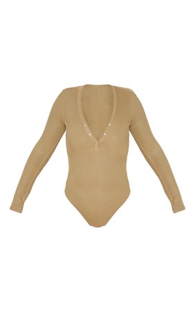 Sage Khaki Long Sleeve Popper Detail Thong Bodysuit | PrettyLittleThing