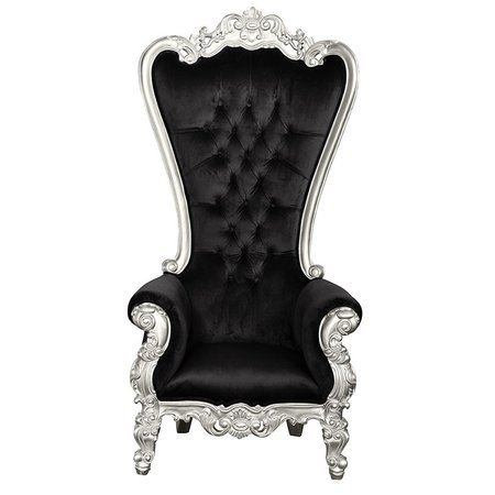 French Furniture Throne Chair – Lazarus King – Silver Frame Upholstered in Plush Black Velvet – Fine French Designs