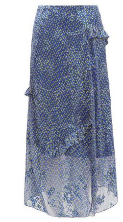 Maya Printed Satin Devore Midi Skirt - Womens - Blue