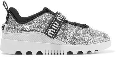 Logo-embroidered Glittered Neoprene And Rubber Sneakers - Silver