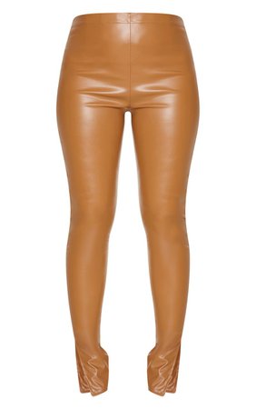 Tan Faux Leather Split Hem Legging | Trousers | PrettyLittleThing USA