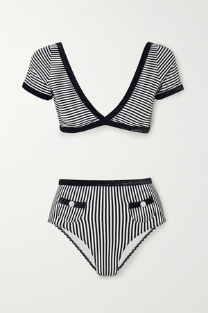 Black Marylou embellished striped seersucker bikini | Leslie Amon | NET-A-PORTER