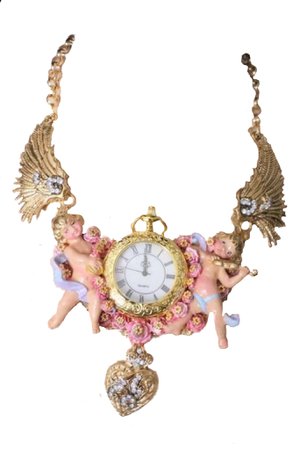 Zibellini Baroque Watch Winged Hand Painted Cherubs Angels Necklace