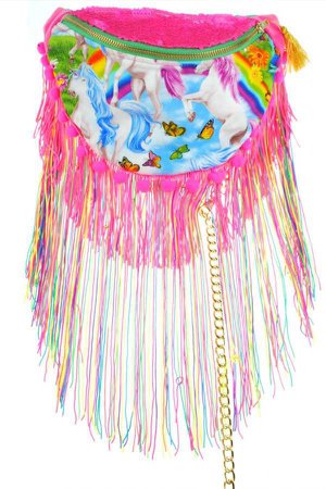 DOLLY unicorn pink neon sequin bumbag fannypack. Rainbow pompom fringe, chain belt.