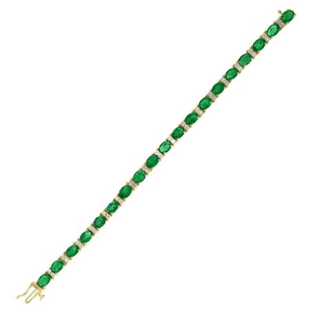 19 Carat Natural Zambian Emerald and Diamond Tennis Bracelet 14 Karat Yello Gold