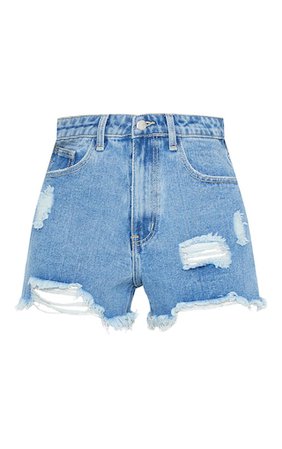 Plt Mid Blue Wash Distressed Denim Shorts | PrettyLittleThing