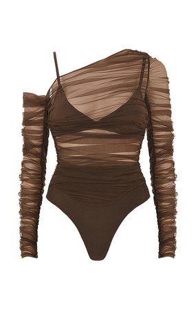 Clothing : Bodysuits : Delia' Brown Ruched Asymmetric Bodysuit with Bralette