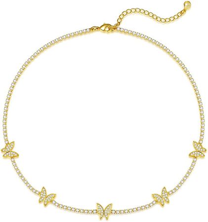 Amazon.com: Luxval Tennis Necklace Butterfly 14K Gold Plated Choker Necklaces for women Dainty Zirconia Cut Faux Diamond chain 2mm Width 14Inches: Clothing, Shoes & Jewelry