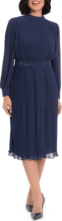 Pleated Chiffon Long Sleeve Midi Dress MAGGY LONDON