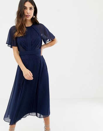 ASOS DESIGN pleated panelled flutter sleeve midi dress with lace inserts | ASOS