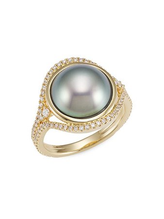 Samira 13 18K Yellow Gold, 10MM-12MM Tahitian Pearl & Diamond Ring | SaksFifthAvenue