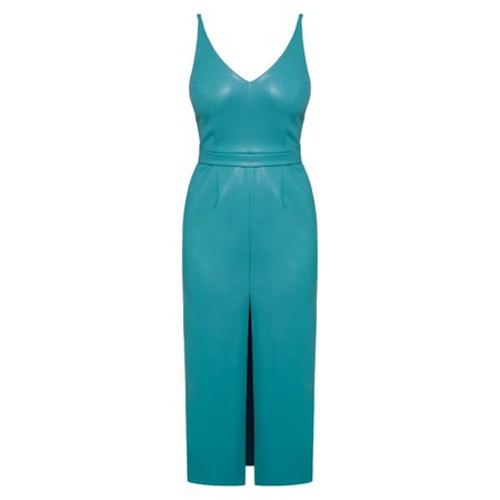 Calista Teal Blue Soft Vegan Leather Midi Dress With Front Slip | UNDRESS | Wolf & Badger