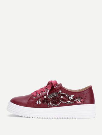 Beads & Crystal Design Lace Up Sneakers