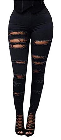 Women's Casual Ripped Holes Skinny Jeans Jeggings Straight Fit Denim Pants (US 10, Black 1) at Amazon Women's Jeans store
