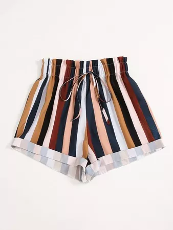 multi Paperbag Waist Rolled Hem Striped Shorts | SHEIN USA