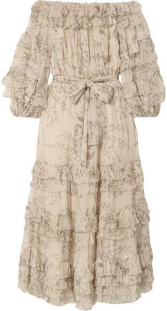Unbridled Off-the-shoulder Printed Silk-chiffon Midi Dress - Beige