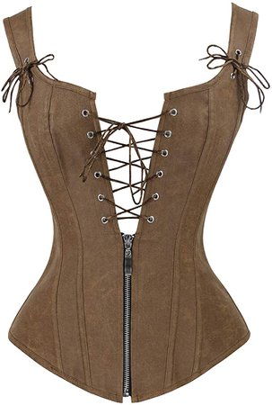 Charmian Women's Renaissance Lace Up Vintage Boned Bustier Corset with Garters Brown X-Large at Amazon Women’s Clothing store
