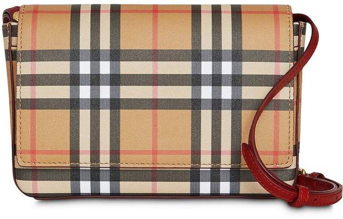 Vintage Check and Leather Wallet with Detachable Strap