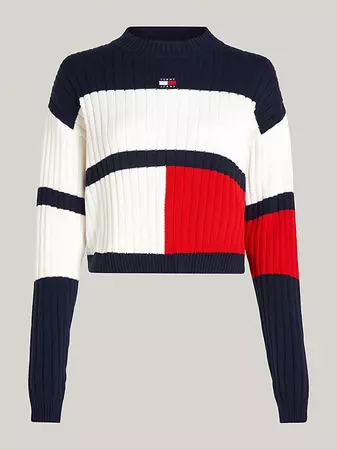 Badge Colour-Blocked Cropped Fit Jumper | White | Tommy Hilfiger