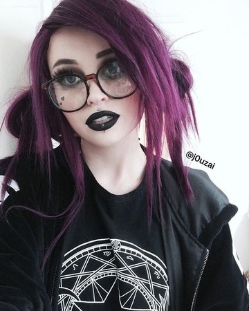 Goth Emo girl with purple hair glasses and heart on cheek