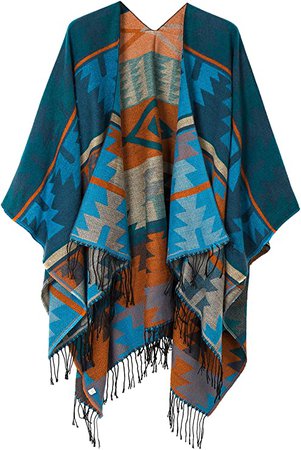 Urban CoCo Women's Printed Tassel Open front Poncho Cape Cardigan Wrap Shawl (Series 12-black) at Amazon Women’s Clothing store