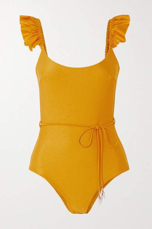 Bonita Embellished Belted Ruffled Swimsuit - Yellow