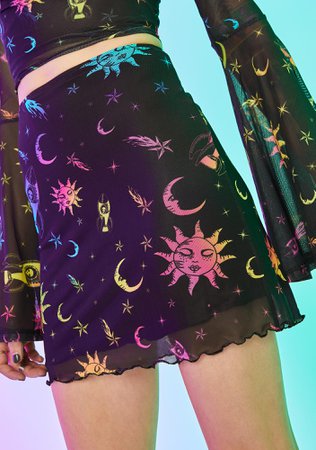 Current Mood Rainbow Celestial Print Mesh Mini Skirt | Dolls Kill