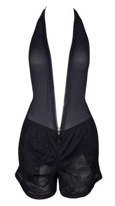 S/S 2002 Gucci Tom Ford Black Mesh Plunging Zipper Bodysuit & Shorts Set