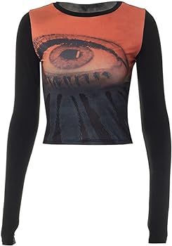 Qhpzcy Long Sleeve Going Out Tops for Women Vintage Eye Graphic Tees Y2k Crop Top T-Shirts, Orange, Large at Amazon Women’s Clothing store