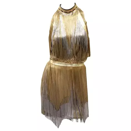 Versace Atelier Gold Metal Fringe Tie Dyed Gabardine Dress Sz 38 For Sale at 1stDibs | versace gold dress, versace fringe dress, gold fringe dress