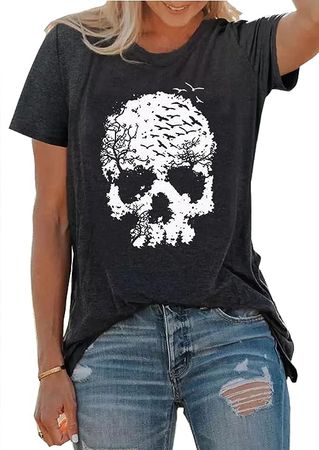 Halloween Skull Shirt for Women Vintage Gothic Graphic T Shirt Novelty Skeleton Halloween Hocus Pocus T-Shirt Tops (Small, Gray-2) at Amazon Women’s Clothing store