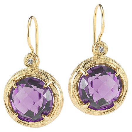 Hand-Crafted 14K Yellow Gold Diamond and Amethyst Color Stone Drop Earrings For Sale at 1stDibs