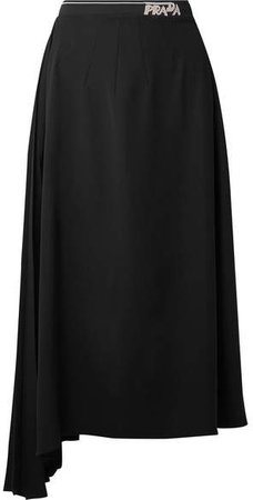 Asymmetric Pleated Crepe Midi Skirt - Black