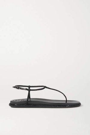Leather-trimmed Crystal-embellished Satin Sandals - Black