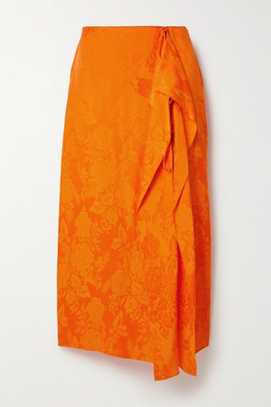 Draped Satin-jacquard Midi Skirt - Orange