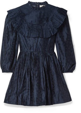 Whitley Pleated Printed Cotton And Silk-blend Organza Mini Dress - Midnight blue
