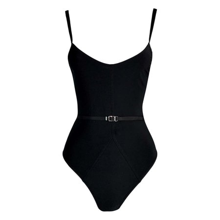 1990's Gucci Tom Ford Bond Girl Black Belted Plunging Swimsuit Bodysuit For Sale at 1stDibs