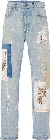 Patchwork-Detailed Distressed Straight-Leg Jeans