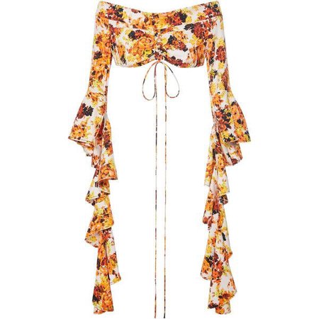 yellow and white floral off the shoulder top with long ruffled sleeves