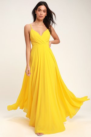 Lovely Yellow Maxi Dress - Yellow Surplice Bridesmaid Dress