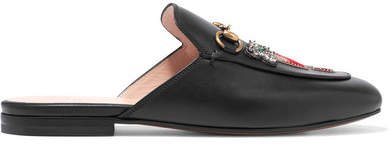 Princetown Appliquéd Embellished Leather Slippers - Black