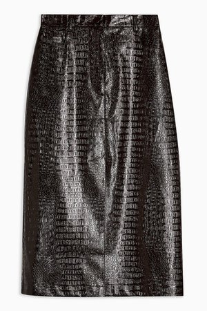 Burgundy Faux Leather Vinyl Crocodile Print Midi Skirt | Topshop