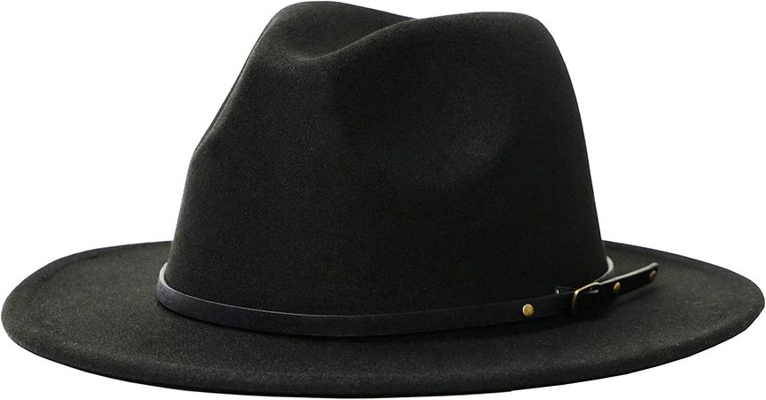 Women's Felt Panama Hats Classic Wide Brim Rancher Fedora with Belt Buckle (Black, 56-58cm/22-22.8in) at Amazon Women’s Clothing store