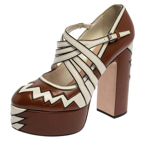 Miu Miu Brown/White Leather Mary Jane Strap Pumps Size 38 For Sale at 1stDibs